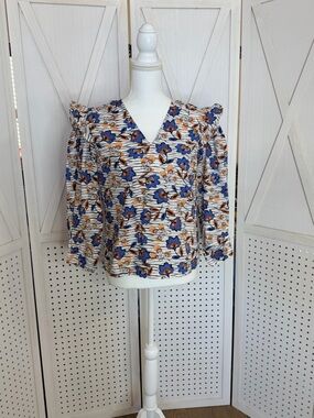 Derek Lam 10 Crosby Oona V-Neck Ruffle Blouse Floral White Size 2 Dynasty